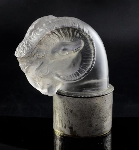 Tête de Belier/Rams Head. A glass mascot by René Lalique, introduced on 3/2/1928, No.1136 Height overall 13.5cm.